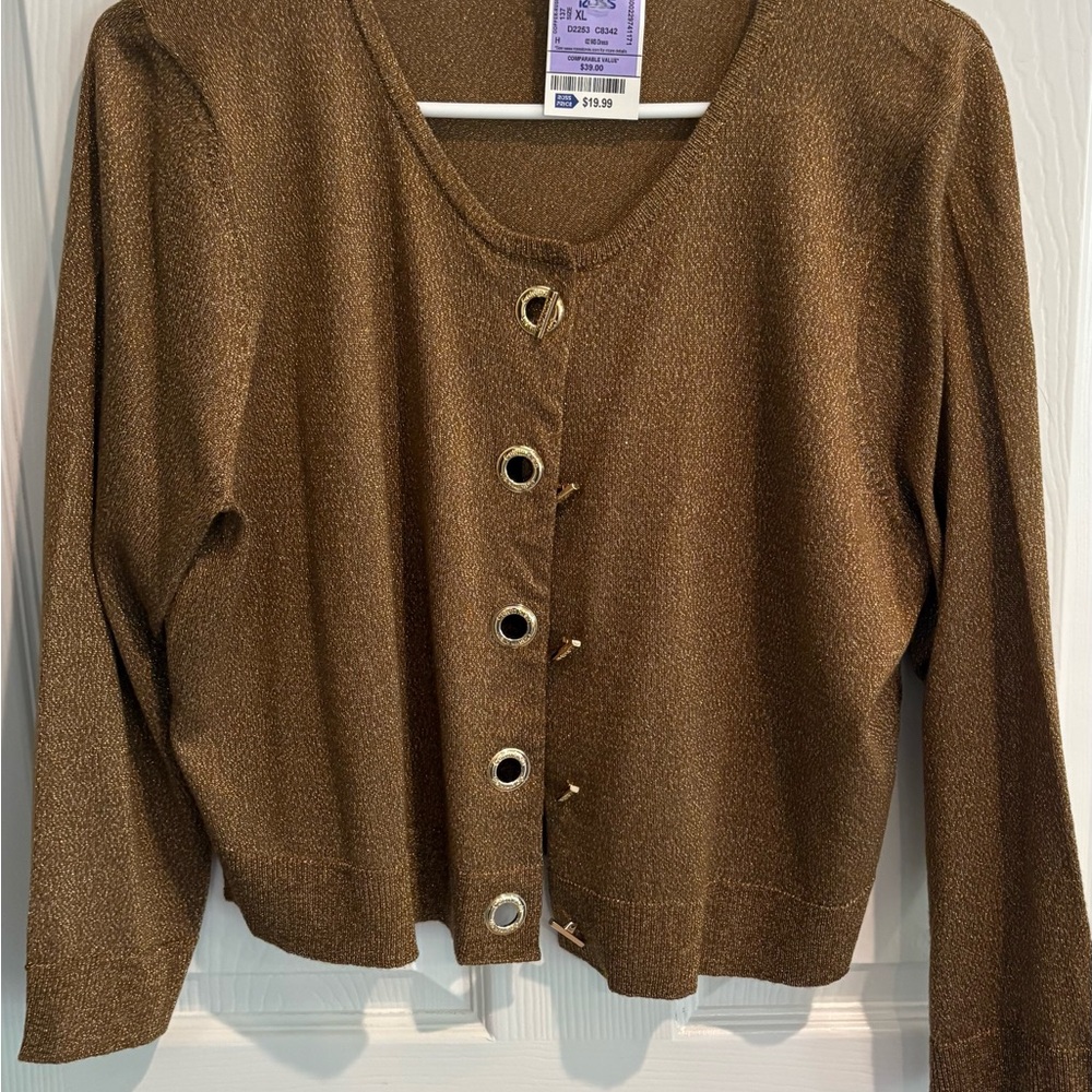 Calvin Klein Metallic Brown/Gold Button-Front Cardigan